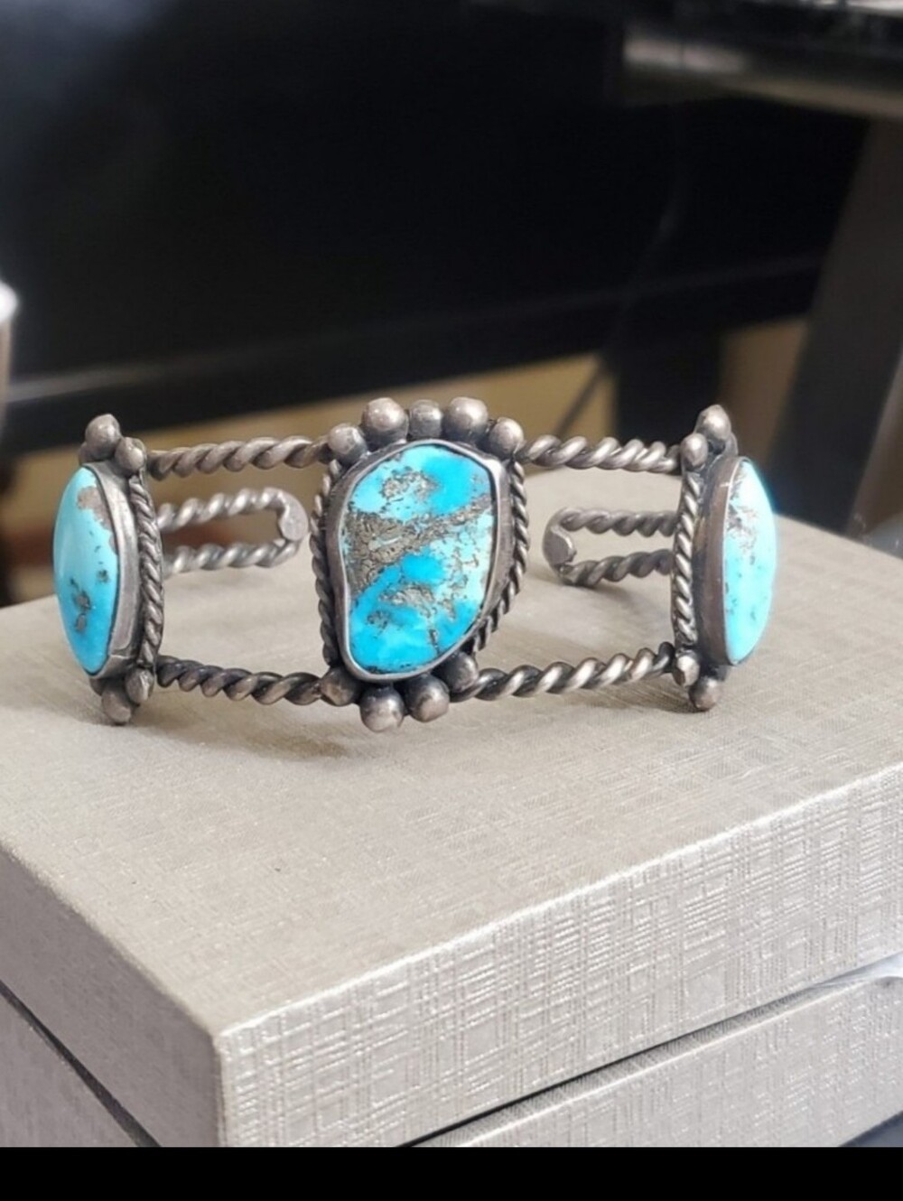 3 stone turquoise sterling silver cuff bracelet. Vintage. Beautiful pyrite that